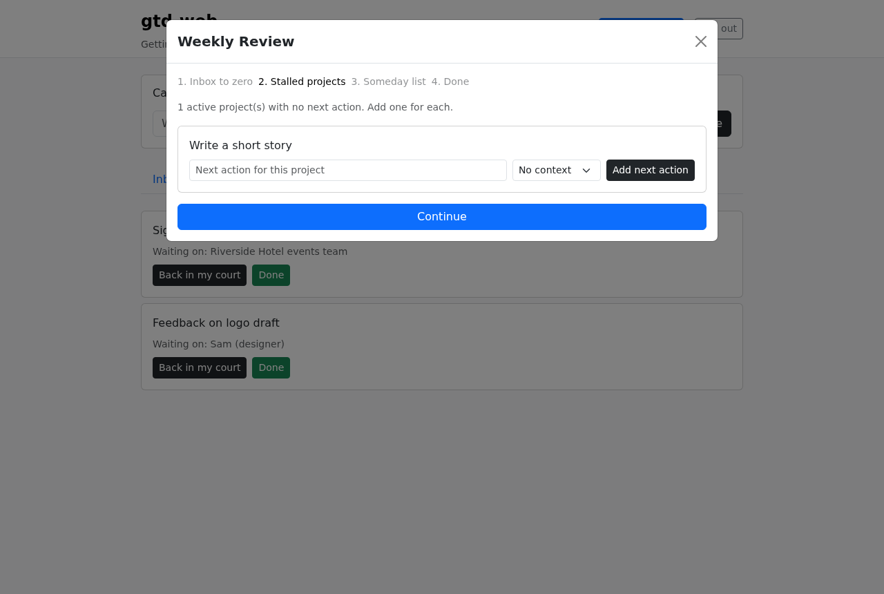 Weekly Review step 2 with a stalled project
