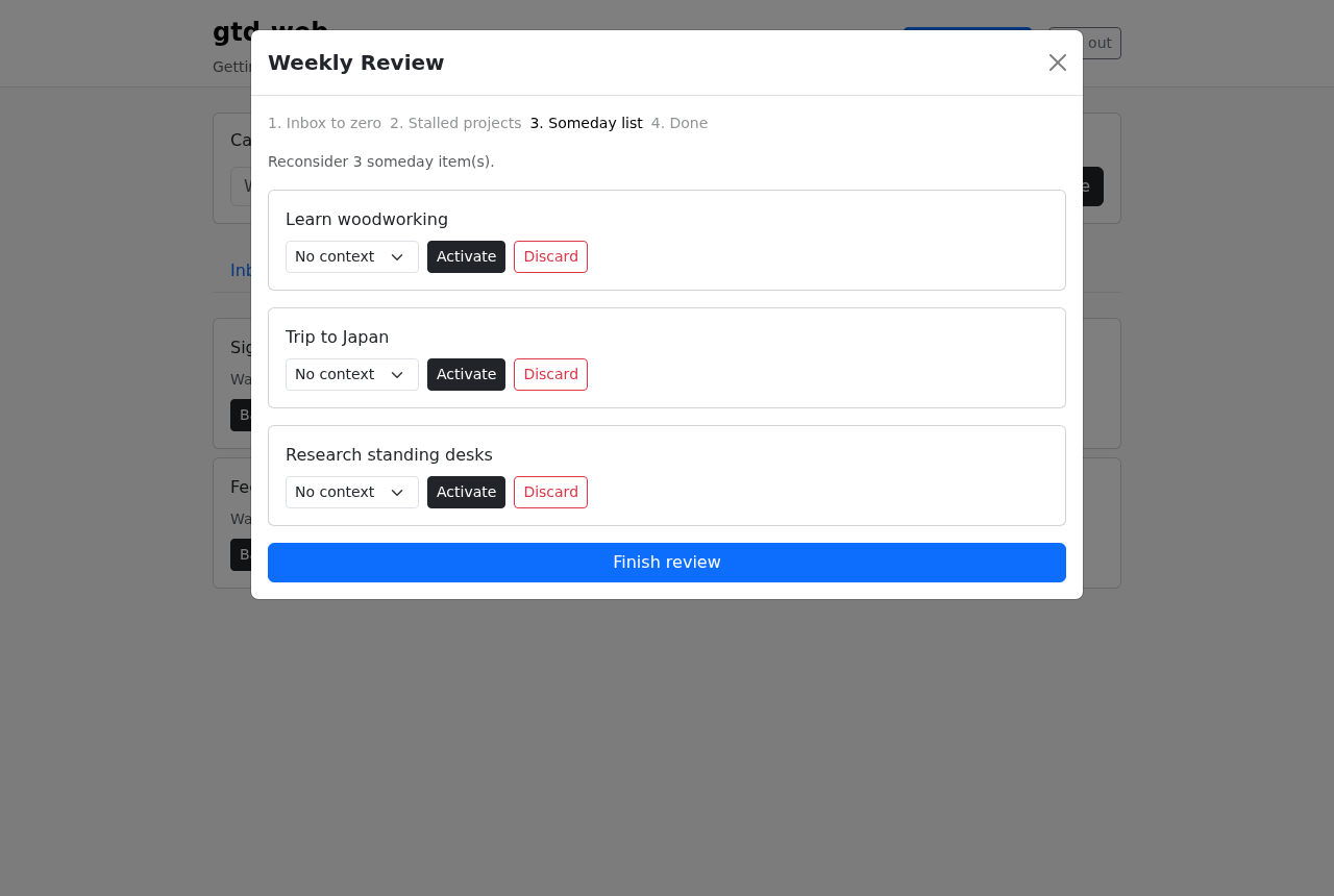 Weekly Review step 3, someday items