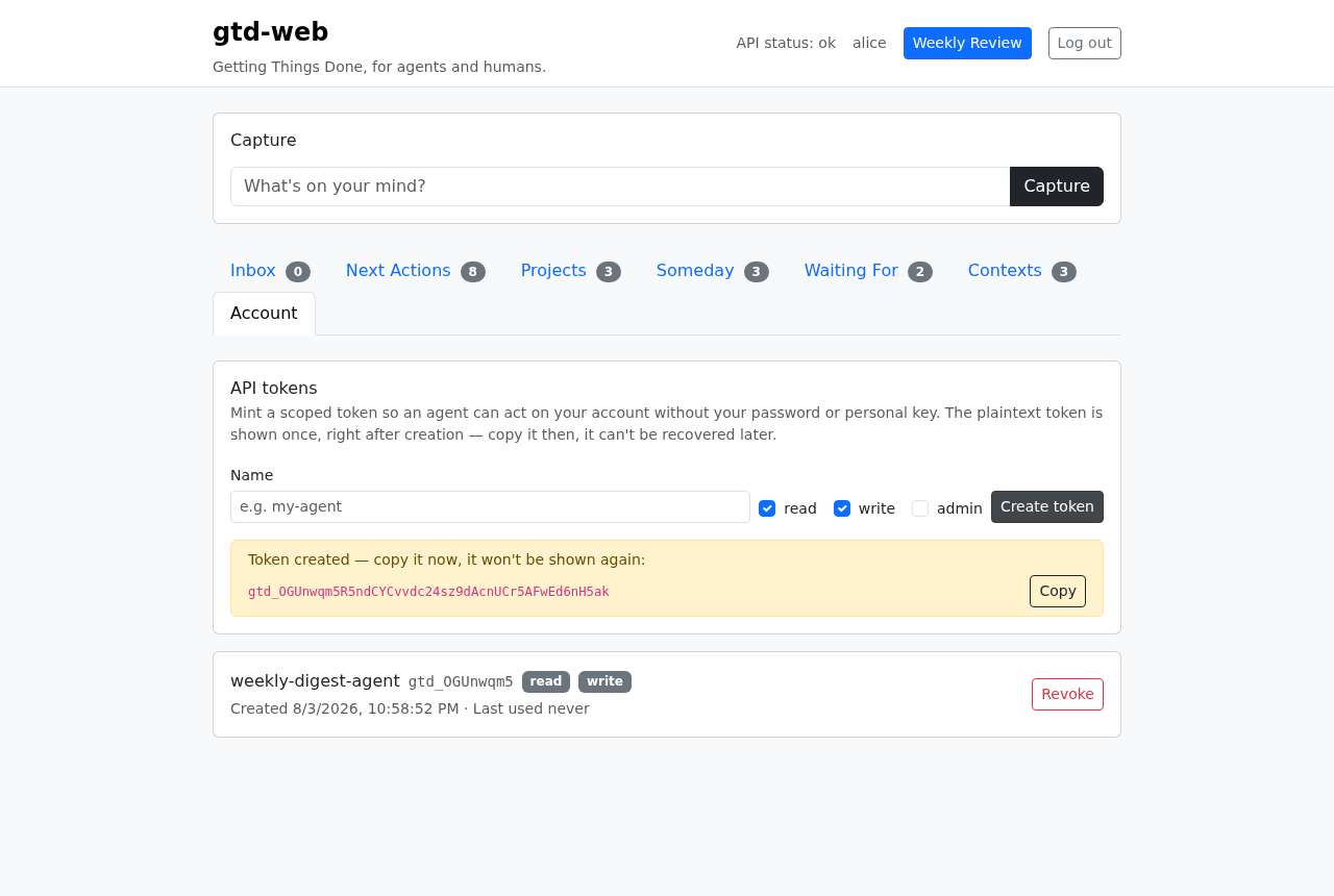 Account tab with API tokens
